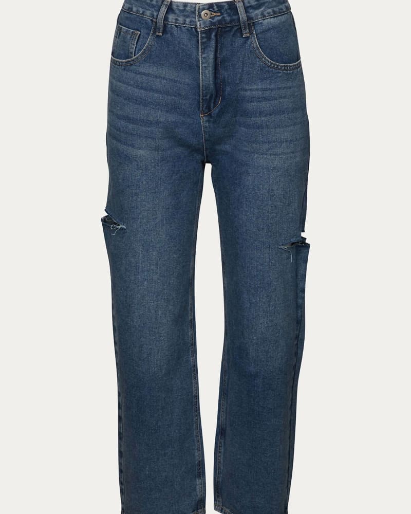 Front of a size L Cutout High-Rise Straight-Leg Jeans in Denim Blue in Denim Blue by Bijoumontre. | dia_product_style_image_id:339236